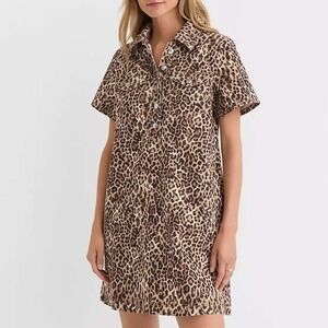 Loft Leopard Print Shift Denim Shirt Dress Brown Tan Pockets Womens XL NWT